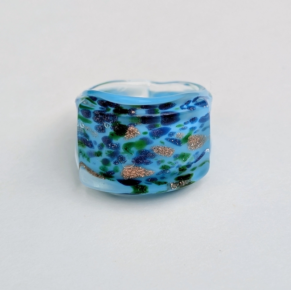 Light Blue Colorful Art Glass Ring, Size 9-9.5